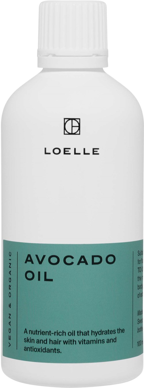 En hvit flaske med hvit kork, merket 'Loelle Avocado Oil', og en beskrivelse om å pleie hud og hår.