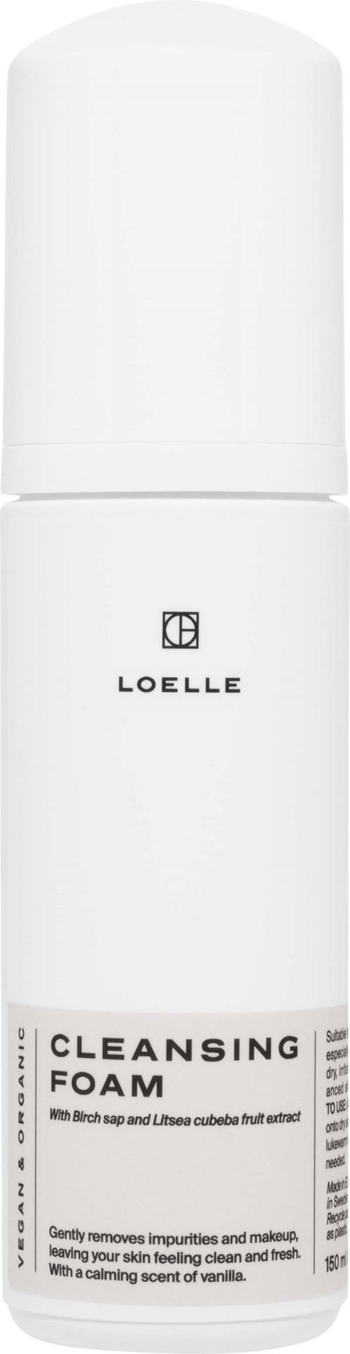 Valkoinen pullo, jossa lukee Loelle Cleansing Foam, suihku -pumppu ja tuotetiedot.
