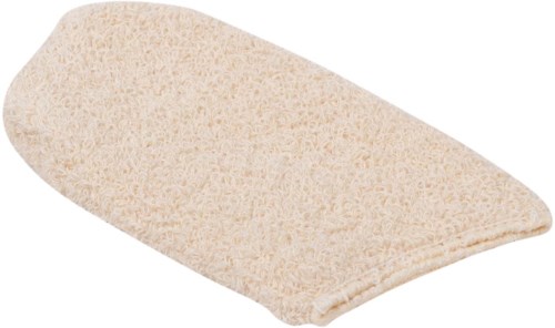 En myk, beige rengjøringssvamp med litt buet form og grov tekstur.