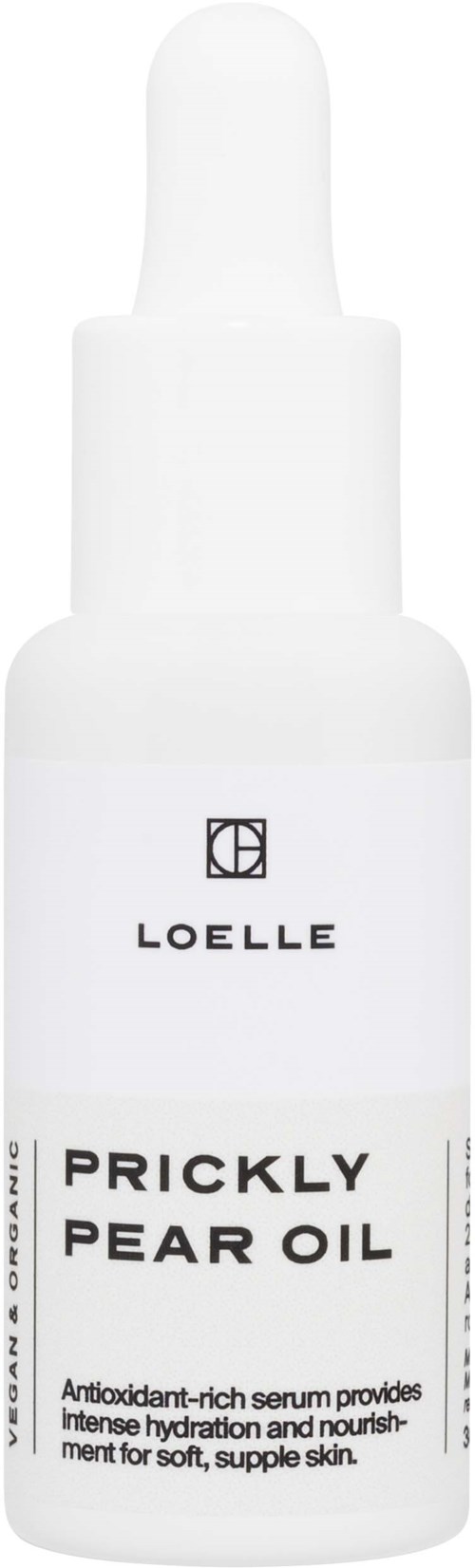 En hvit flaske merket 'LOELLE Prickly Pear Oil' med pipettlokk, som påstår å hydrere og nære huden.