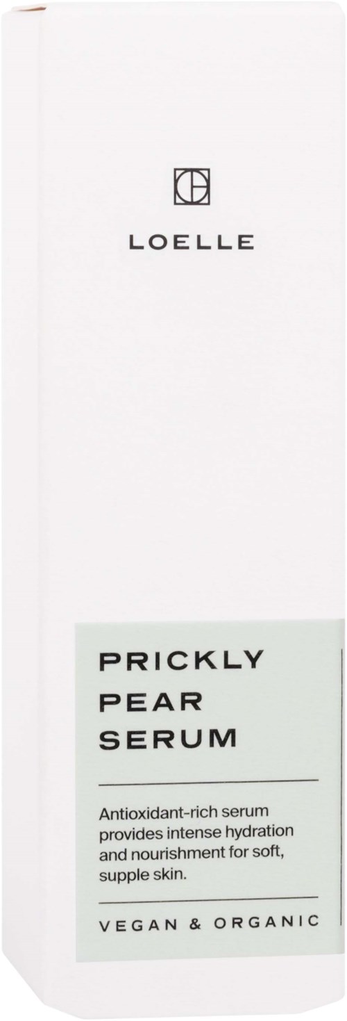 En hvit eske med 'LOELLE' og en logo. Den inneholder en prickly pear serum for hudpleie.