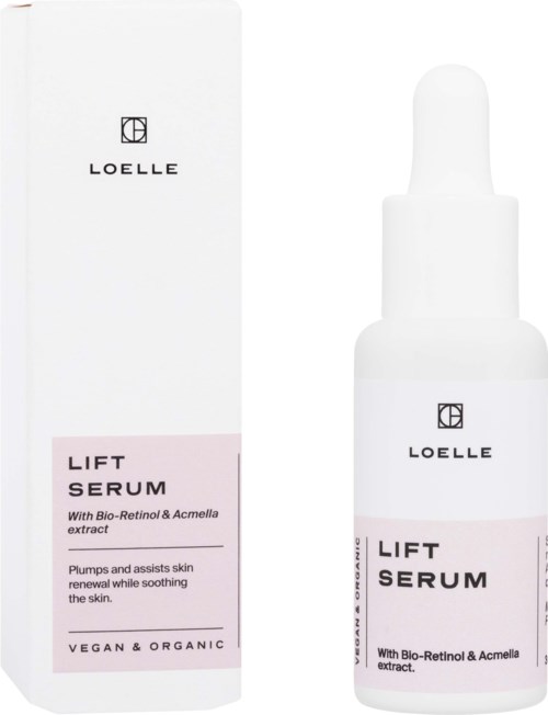 A white package and dropper bottle labeled "LOELLE" for lift serum, containing bio-retinol and acmella extract.