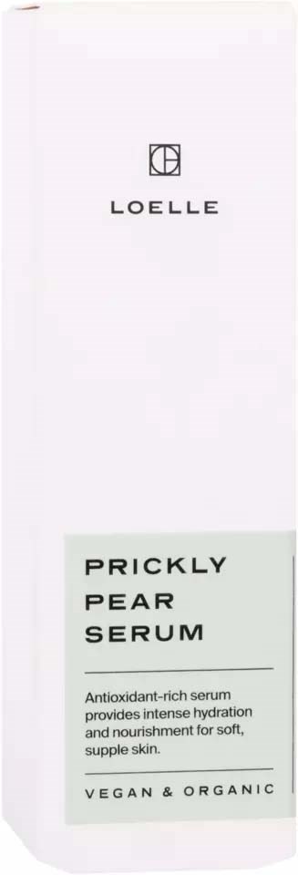 Eine weiße Box mit der Marke Loelle, zeigt ein Logo und den Namen des Produkts Prickly Pear Serum für Hautfeuchtigkeit.