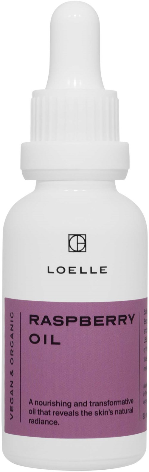 Kleine weiße Flasche mit Pipette, beschriftet 'Raspberry Oil' von Loelle, für Hautpflege oder Aromatherapie.