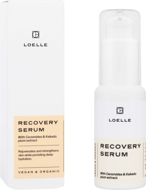 Weiße Box und Flasche von Loelle Recovery Serum mit Ceramiden und Kakadu-Pflaumenextrakt, gekennzeichnet als vegan und biologisch.