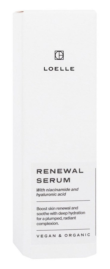 Eine weiße Hautpflegebox mit der Aufschrift 'LOELLE Renewal Serum' und Details zu Inhaltsstoffen und Vorteilen.