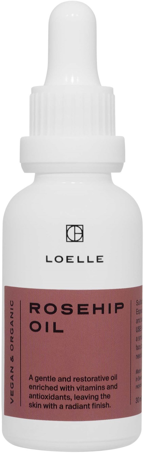 Eine weiße Flasche mit Pipettenverschluss, beschriftet 'Rosehip Oil' und Beschreibung, das ein Hautpflegeprodukt ist.
