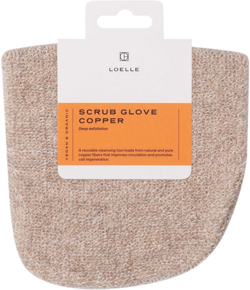 A copper-toned scrubbing glove with a label that reads 'Scrub Glove Copper' from LOELLE.