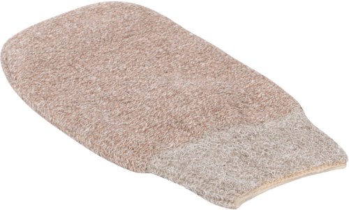 A cleaning mitten, soft and beige, used for washing hands or cleaning surfaces.