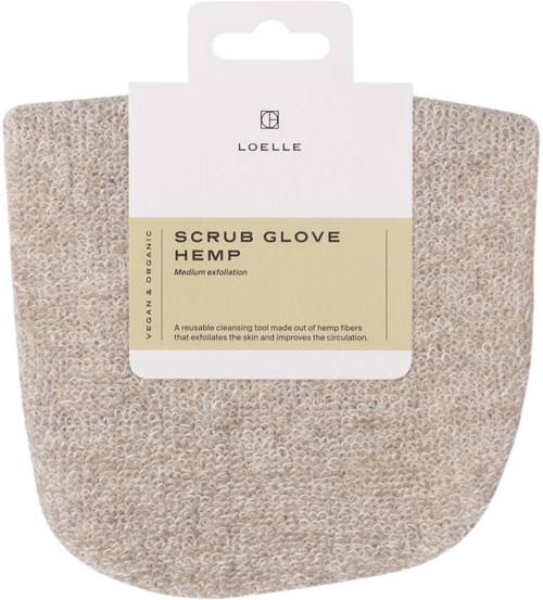 A hemp exfoliating scrub glove with beige textured fabric and a label reading 'LOELLE.'