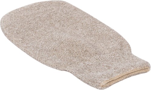 A beige cleaning mitt with a soft fabric surface, used for washing or dusting. It has a rounded shape.