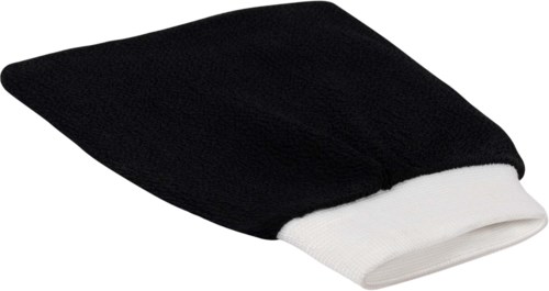 Ein schwarz-weißer Socken, hauptsächlich schwarz mit weißen Rand, aufgerollt und flach.