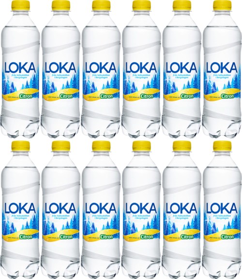 Ten bottles of LOKA Citron flavored water arranged in two rows.
