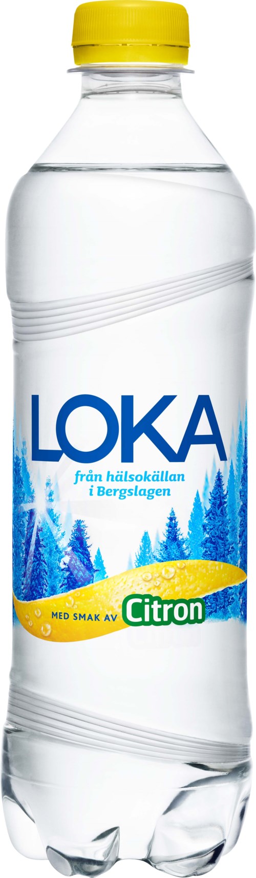 A plastic bottle with a yellow cap, labeled LOKA Citron, contains lemon-flavored water.