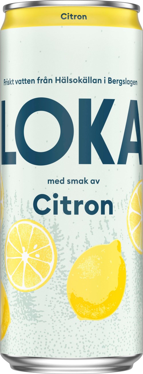A lemon-flavored drink can with blue and yellow colors, showing lemons and text in Swedish.