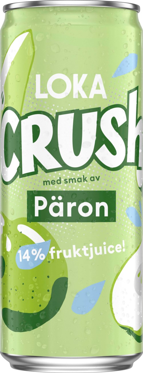 A green can of Loka Crush pear-flavored juice with fruit illustrations and text highlighting 14% fruit juice content.