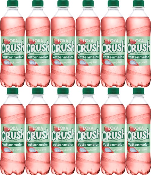 Sixteen bottles of Loka Crush Vattenmelon watermelon flavored soda arranged in two rows.