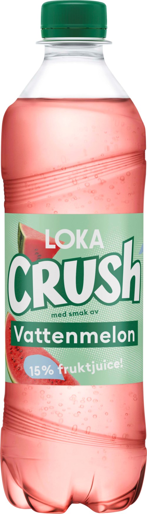 A bottled watermelon-flavored soft drink with a green cap and a label showing a watermelon slice and juice content.