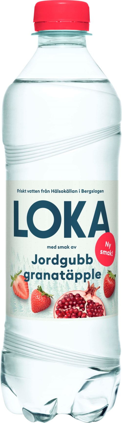 En klar vannflaske med rød lokk, merket LOKA, med bilder av jordbær og granateple, og tekst på norsk.