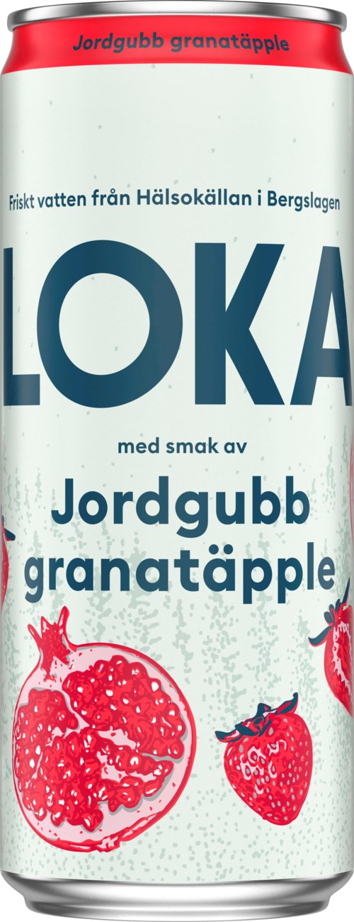En lang, hvit boks med rød og blå tekst, med bilder av granateple og jordbær, reklame for en fruktdrikk.