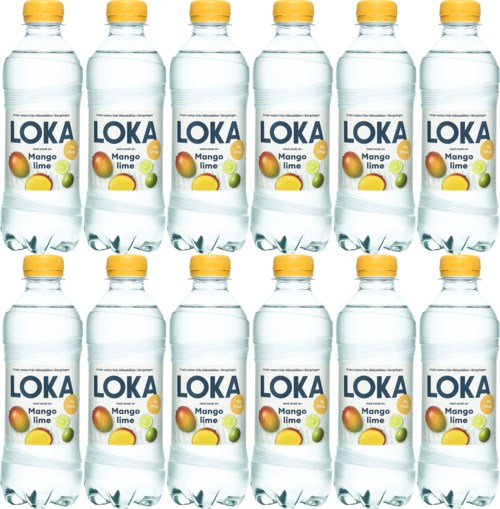 Twelve bottles of Loka Mango Lime flavored water with yellow caps arranged in three rows.