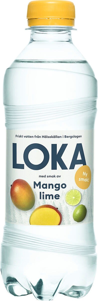 A clear plastic bottle with a yellow cap, labeled 'Loka Mango Lime' flavor, contains sparkling flavored water.