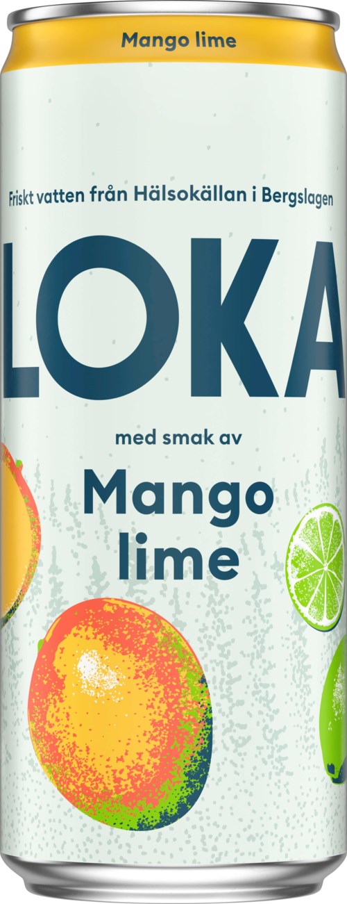 Can with mango lime flavored water, with images of a mango and lime on white background.