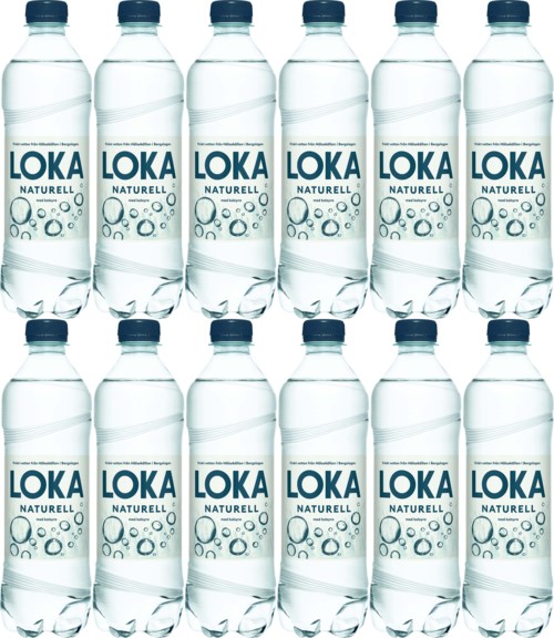 Twelve bottles of LOKA natural spring water with labels and blue caps, arranged in two rows of six.