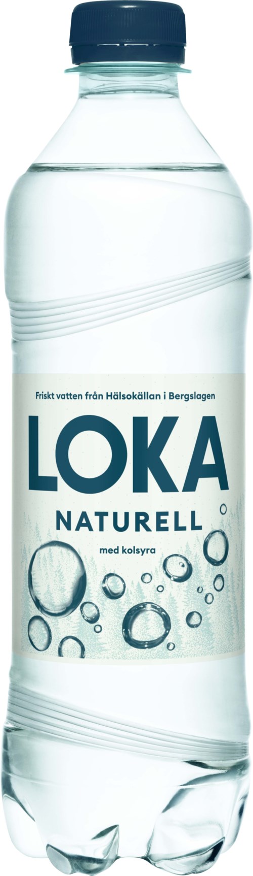 A clear plastic bottle with a black cap, labeled "LOKA NATURELL" with water bubbles on it.