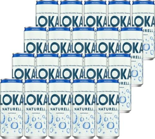 En gruppe bokser Merket 'Lokal' og 'Naturell' med blå og hvit design, noen med vannbobler.