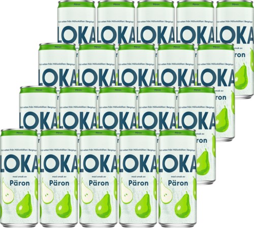 Loka ja Päron -juomatölkit pinossa, joissa on vihreitä päärynäkuvia ja tekstiä.