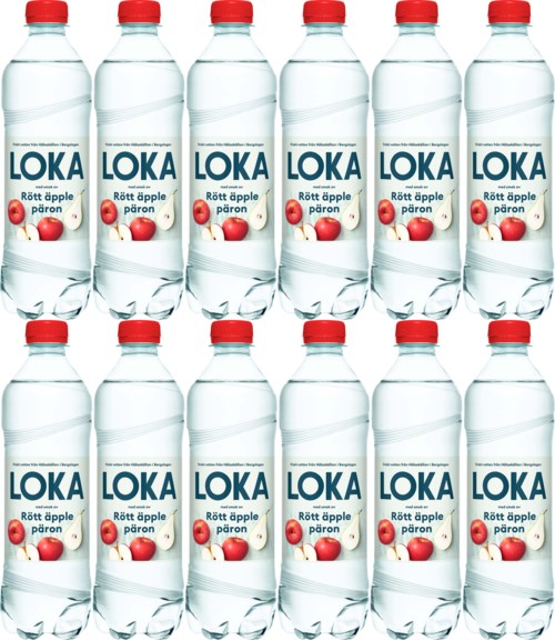 Ti flaskor med äppelsmakdryck med röda lock, märkta "LOKA Rött äpple" och "päron."