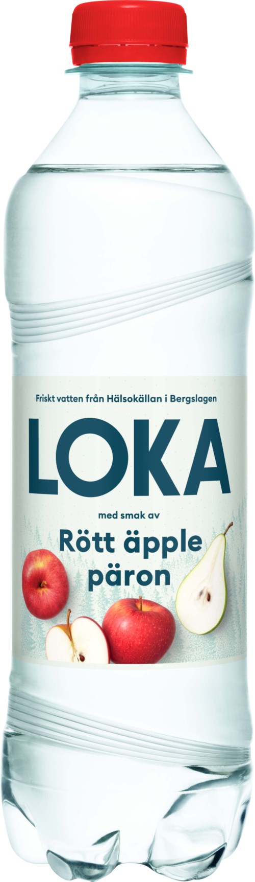 Loka-flaska med smak av äpple, päron och röd äpple, visar flaskor och frukt på etiketten.