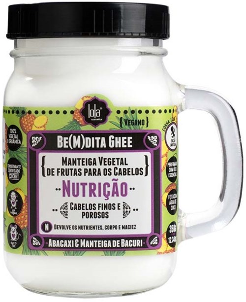 A jar of vegan hair care product with images of pineapple, peach, passion fruit, and blackberry. Text describes it as plant-based.