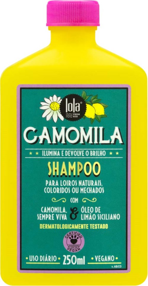 Gul flaska med rosa kork, etikett visar kamomill och citron, främjar naturligt, glänsande hår, 250 ml, vegansk.