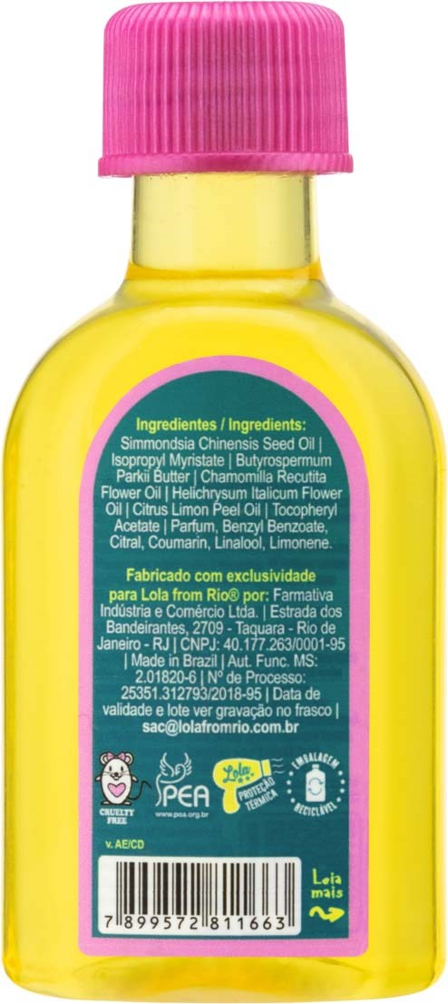 Gul flaska med rosa lock innehåller ingredienser som kamomill, citrusskalolja och bensokain, med säkerhets- och återvinningssymboler.