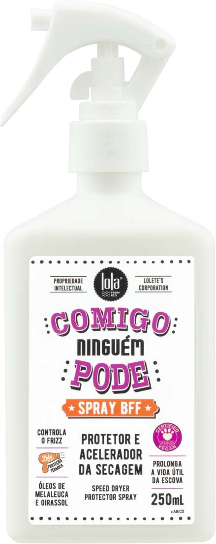 A white spray bottle with a label that warns against spray abuse and shows it controls dryness. It contains oils and is 250ml.