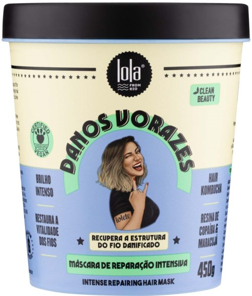 A hair mask container with a woman smiling, text in Portuguese about hair repair, vegan and cruelty-free. 450g.