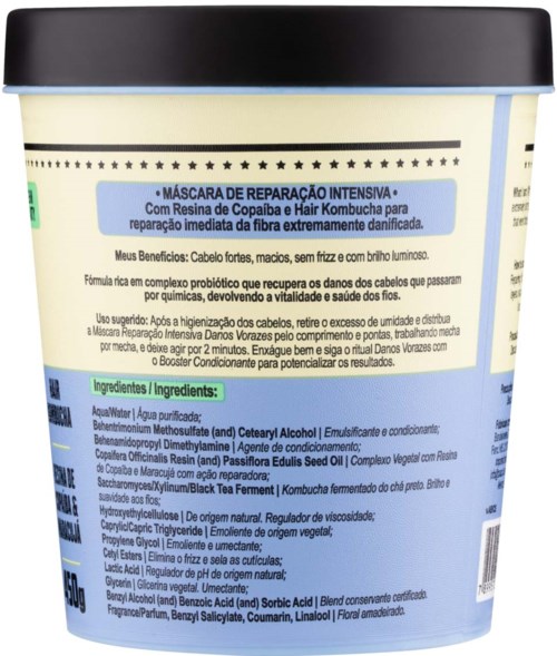 A tub of hair mask with blue label, containing ingredients and instructions for use, in Portuguese.