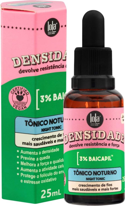 A small bottle of night tonic with a dropper, next to a pink and green box with product information in Portuguese.