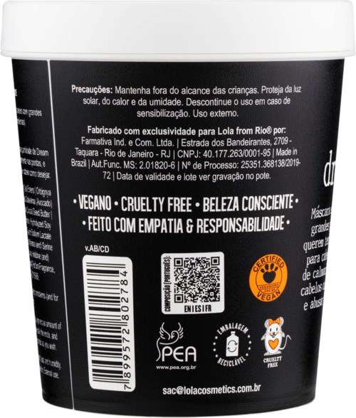 En svart och vit behållare med text om cruelty-free och vegancosmetika, inklusive säkerhetsvarningar och tillverkaruppgifter.