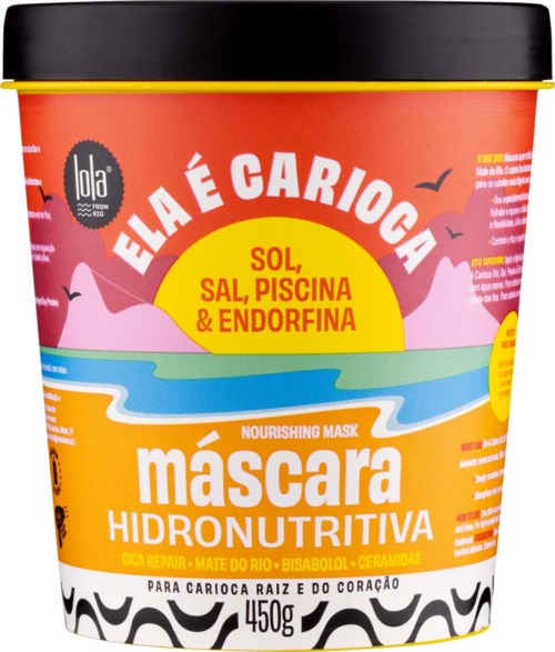 En färgglad behållare med portugisiska text om närande ansiktsmask för hud och hjärta, med naturbilder och lock i svart.
