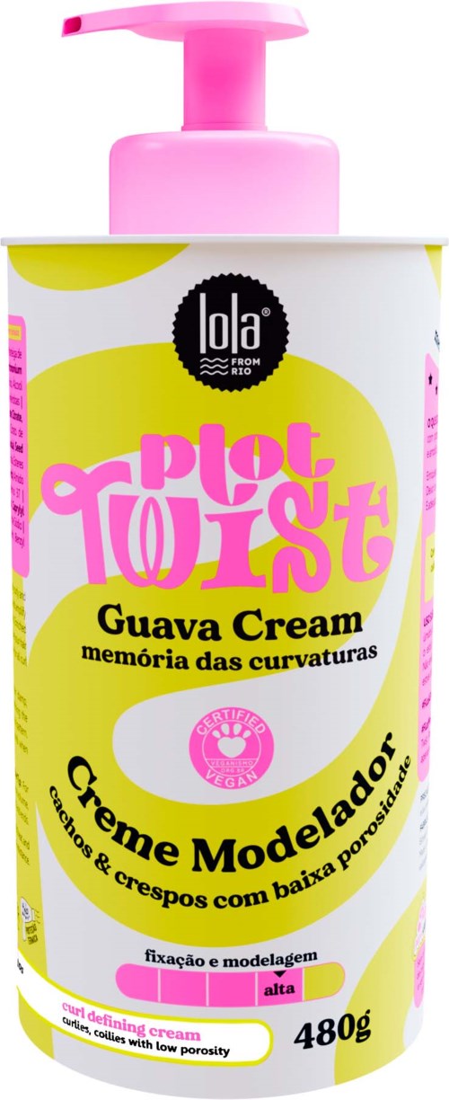 En rosa pumpflaska med Guava Cream modellering cream med gula, vita och rosa text- och designelement.
