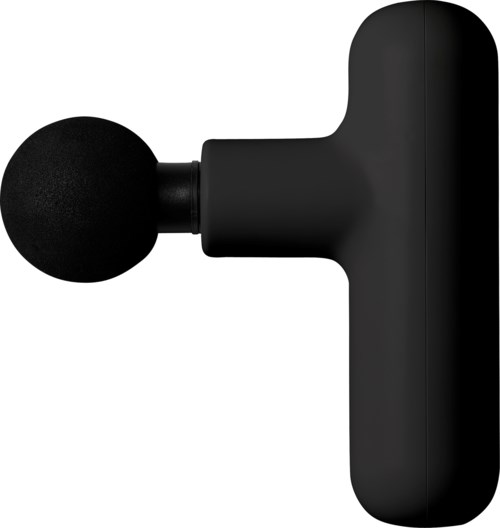En svart massagepistol med ett runt huvud på vit bakgrund.
