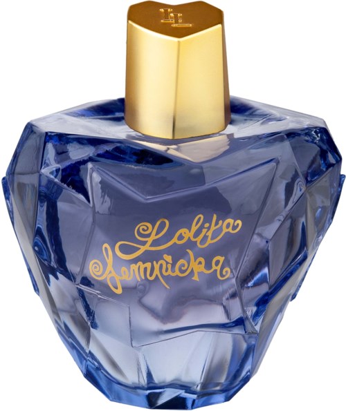Butelka perfum w kształcie diamentu, głównie niebieska z złotym korkiem i złotym napisem.