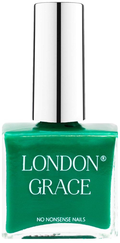 Vihreä kynsilakkapullo, jossa on hopeinen korkki ja tekstit 'LONDON GRACE' ja 'NO NONSENSE NAILS'.