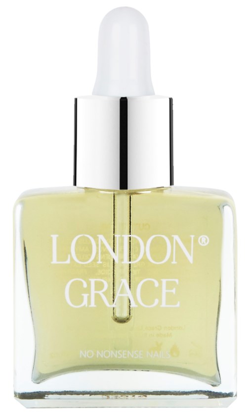 En glassflaske med pipett har lys gul væske, merket "London Grace."