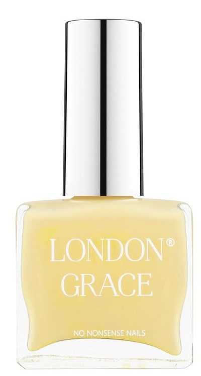Een doorzichtige nagellakfles met 'London Grace' en 'No Nonsense Nails' op het label, met zilveren dop.