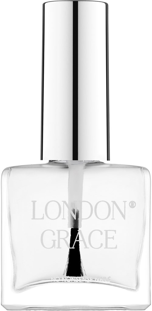 En klar nagellackflaska med silverkapsyl och orden 'London Grace' på framsidan.