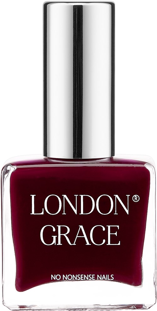 butelka lakieru do paznokci London Grace w ciemnoczerwonym kolorze z srebrnym korkiem, napis "No Nonsense Nails".